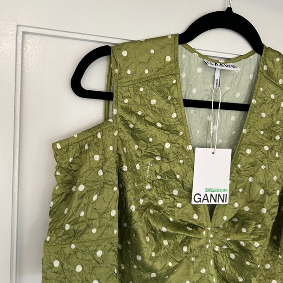 NWT Ganni Satin V-Neck Maxi Dress Sz 38 Going Green Cut-out Shoulder Front Slit - Picture 8 of 12